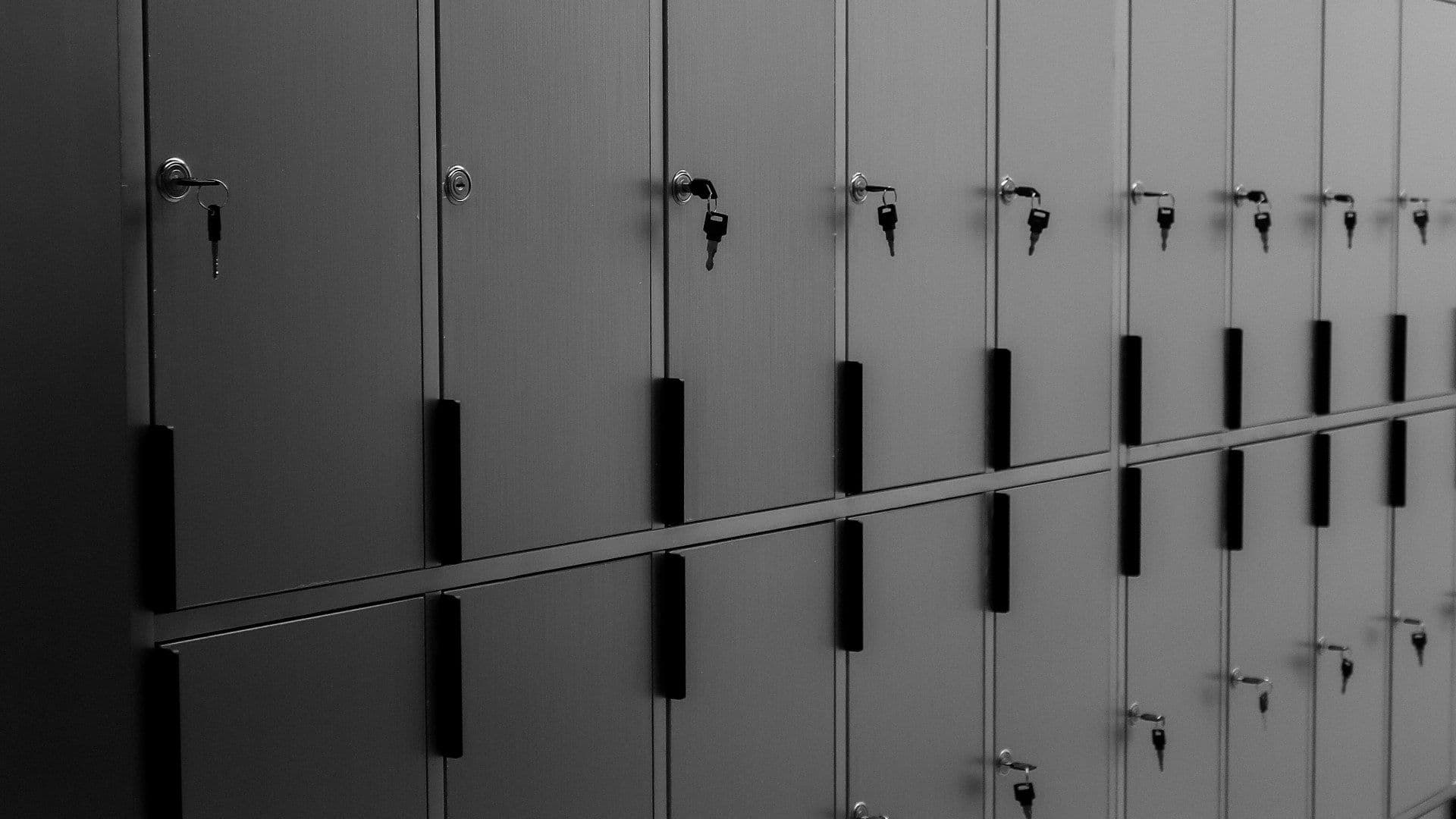 A row of grey lockers in the OMNI changing area